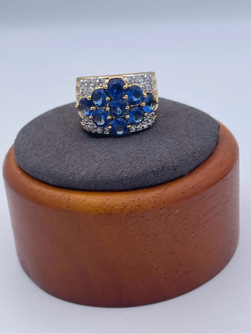 DTC 925 Sterling Silver Gold Plated Simulated Sapphire & CZ Cluster Ring Sz 6.5
